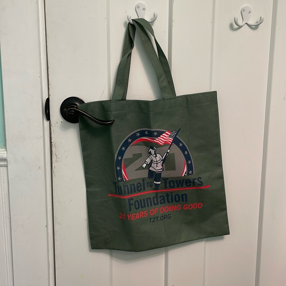 Green tote bag from Tunnel to Towers Foundation.